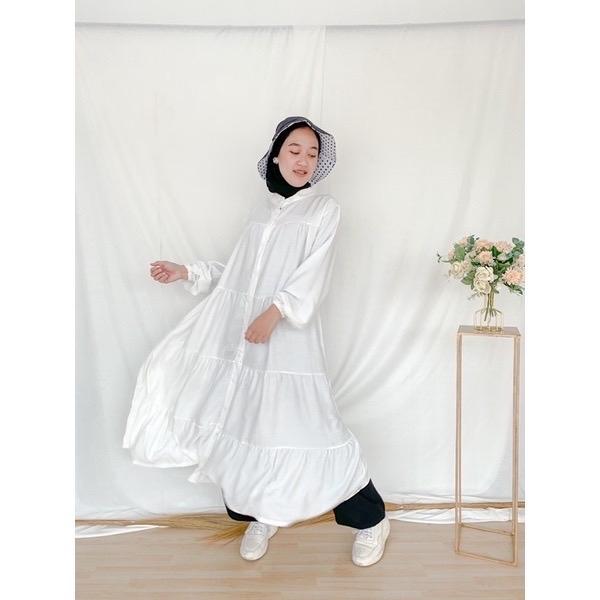 Syamaita Tsania Midi Dress Ruffle Tumpuk Rayon Twill Gamis Wanita Muslim
