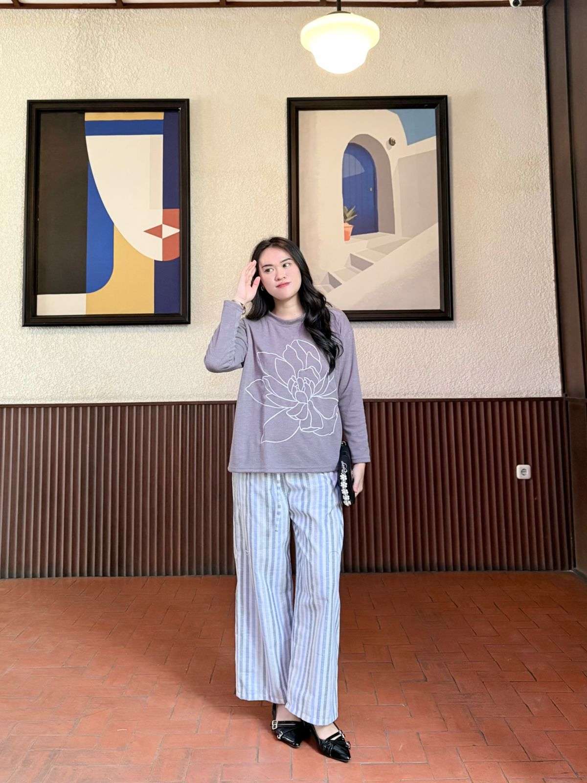 Azura vest inner outer balon Kemeja And Azura Stripe Pants Linen Cotton Stripe Wanita Kerja