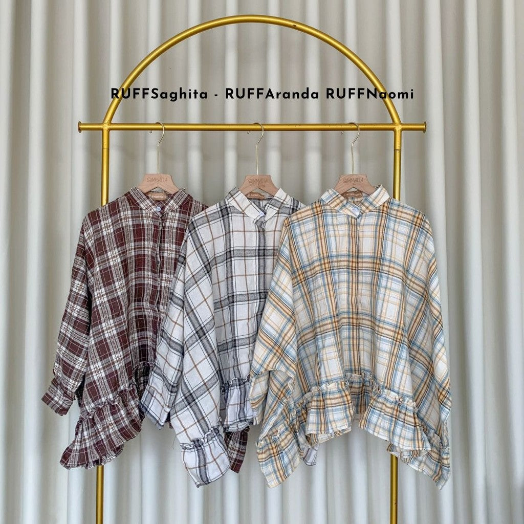 Syamaita Original Alana Flanel dan Ruffle Kemeja Tartan Baju Panjang