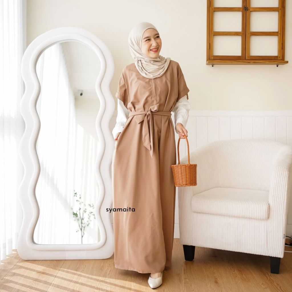 Gaury Dress Syamaita Original Outer Busui Wudhu Friendly Umroh Daily Cotton Silk (lembut, tipis, adem, ringan, tidak menerawang) Mix Knit Bagian Tangan