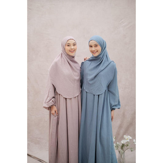 Aimee Set Hijab Dress Lebaran Gamis Umroh Linen Polo✨  - Raya Collection