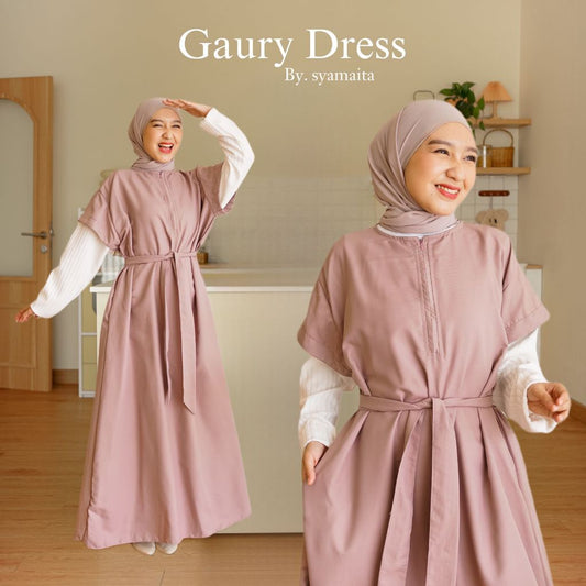 Gaury Dress Syamaita Original Outer Busui Wudhu Friendly Umroh Daily Cotton Silk (lembut, tipis, adem, ringan, tidak menerawang) Mix Knit Bagian Tangan