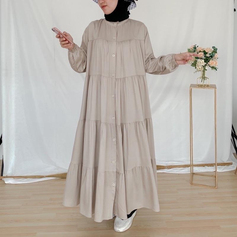 Syamaita Tsania Midi Dress Ruffle Tumpuk Rayon Twill Gamis Wanita Muslim