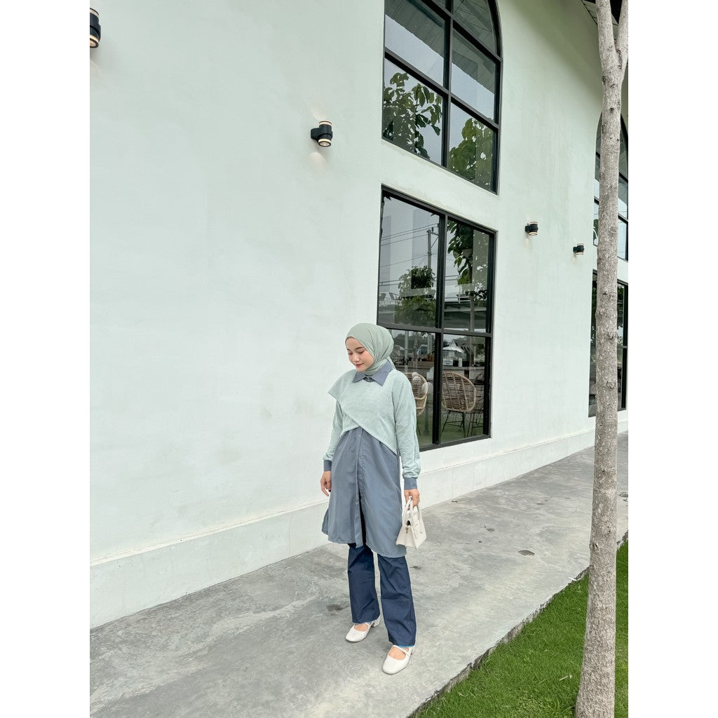 Kirana Long Shirt Square Knit Mix Poplin