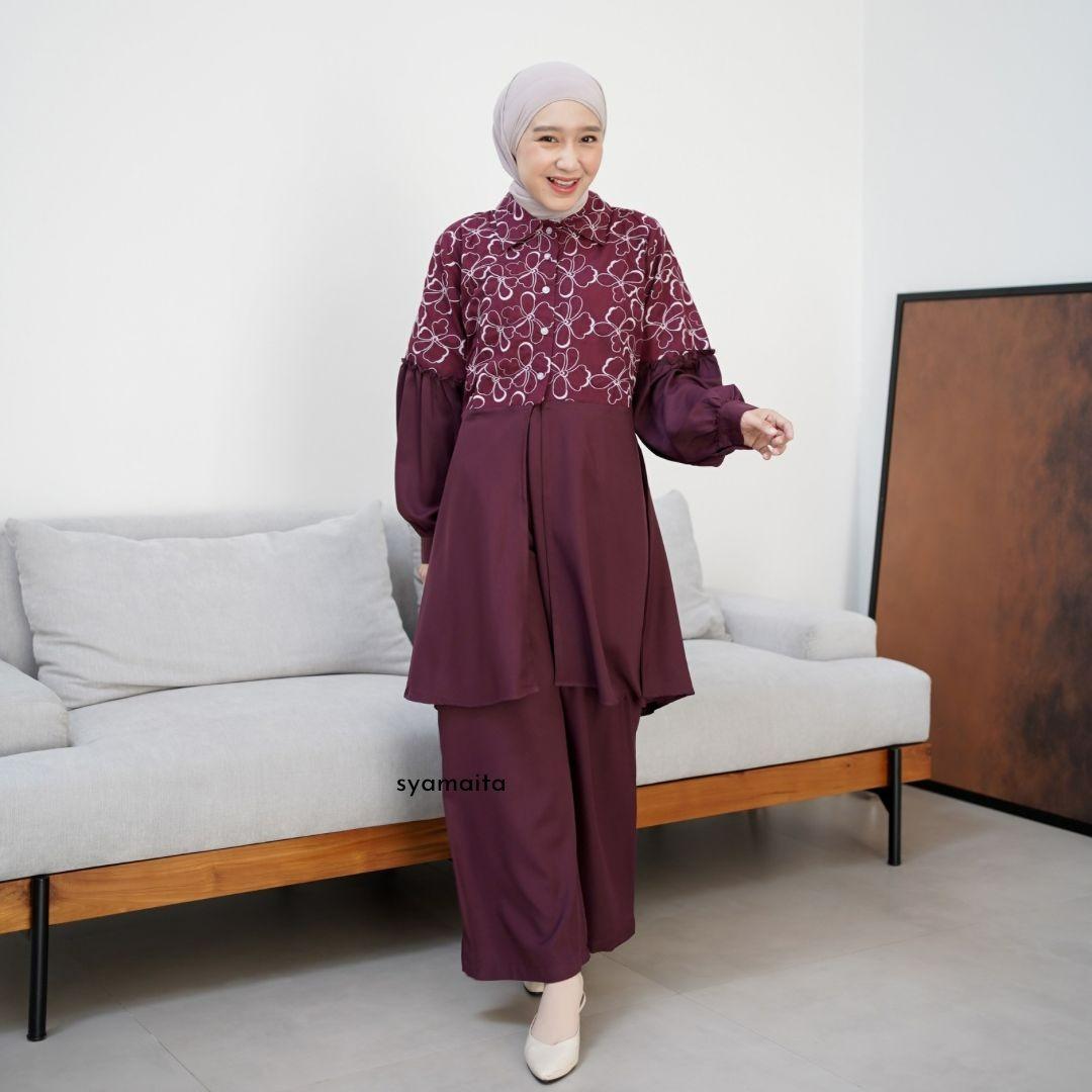 Syamaita Original Alyssa Tunik Set Celana Bordir Katun Adem Oversize
