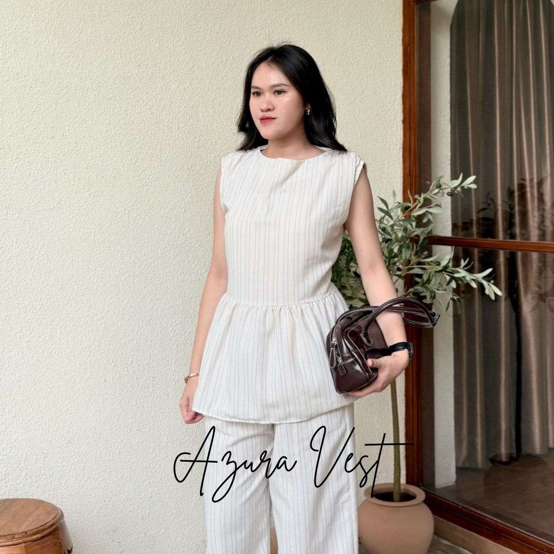 Azura vest inner outer balon Kemeja And Azura Stripe Pants Linen Cotton Stripe Wanita Kerja