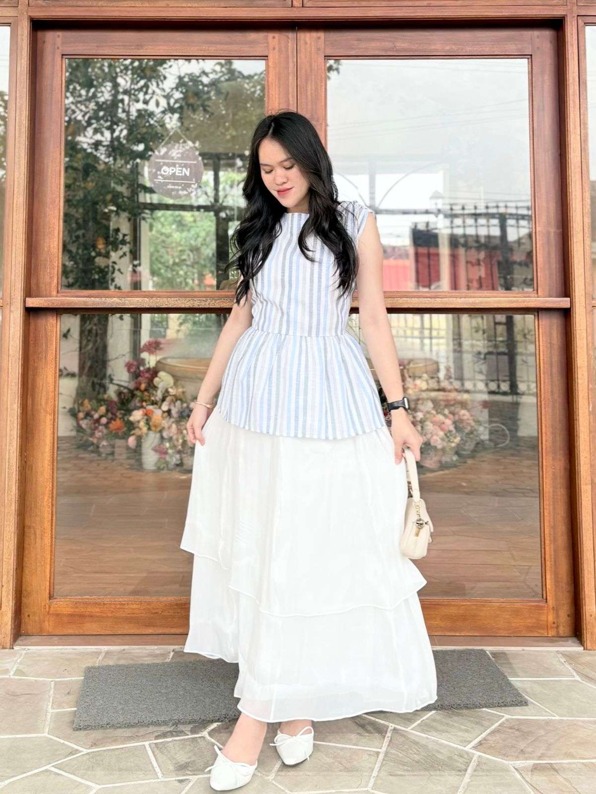 Azura vest inner outer balon Kemeja And Azura Stripe Pants Linen Cotton Stripe Wanita Kerja