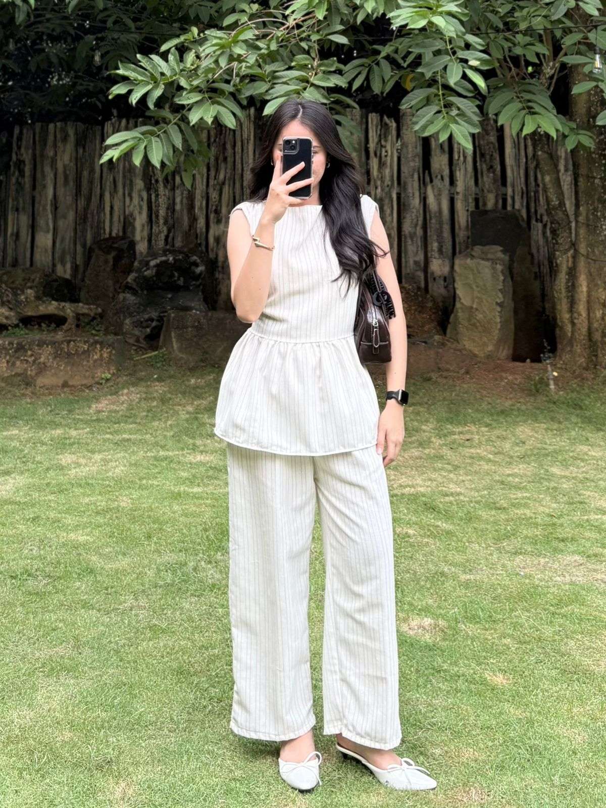 Azura vest inner outer balon Kemeja And Azura Stripe Pants Linen Cotton Stripe Wanita Kerja