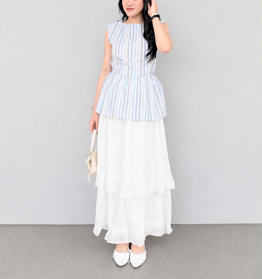 Azura vest inner outer balon Kemeja And Azura Stripe Pants Linen Cotton Stripe Wanita Kerja