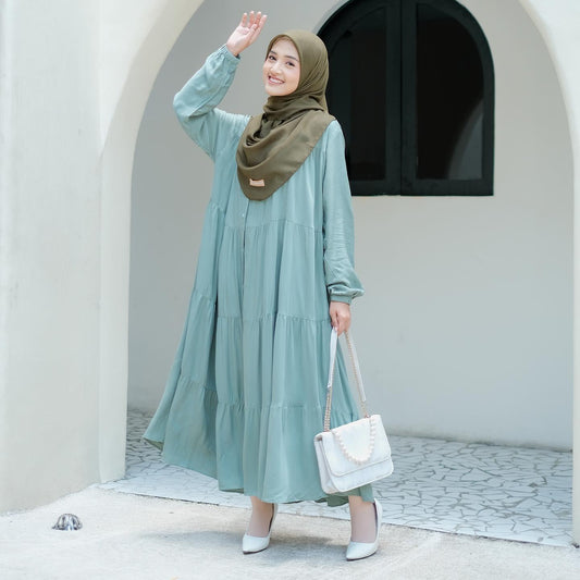 Syamaita Tsania Midi Dress Ruffle Tumpuk Rayon Twill Gamis Wanita Muslim