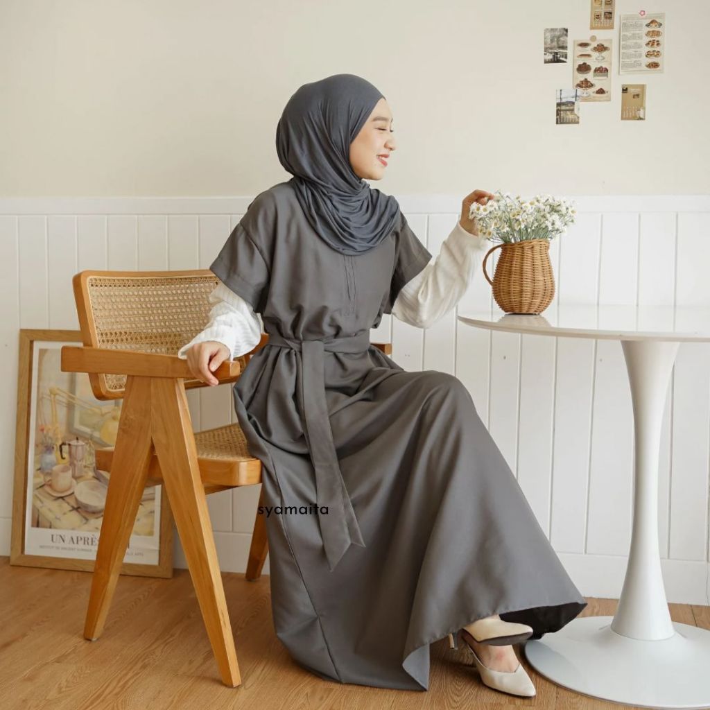 Gaury Dress Syamaita Original Outer Busui Wudhu Friendly Umroh Daily Cotton Silk (lembut, tipis, adem, ringan, tidak menerawang) Mix Knit Bagian Tangan