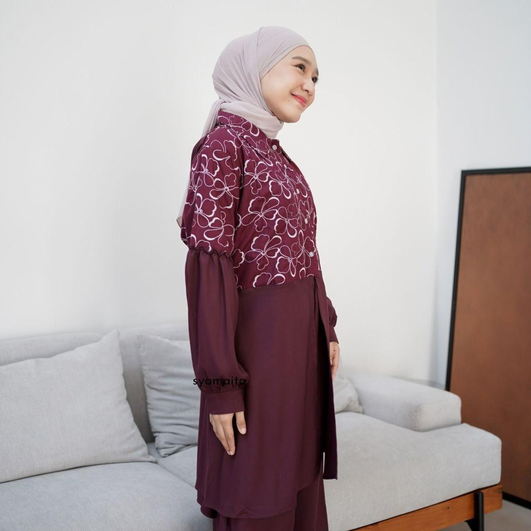 Syamaita Original Alyssa Tunik Set Celana Bordir Katun Adem Oversize