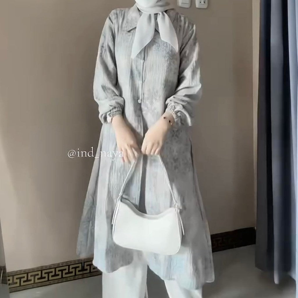 Syamaita - Tamara Outer Tunik Motif Batik Modern Kancing Busui dan Wudhu Friendly Material Foam Emboss Premium Muslim